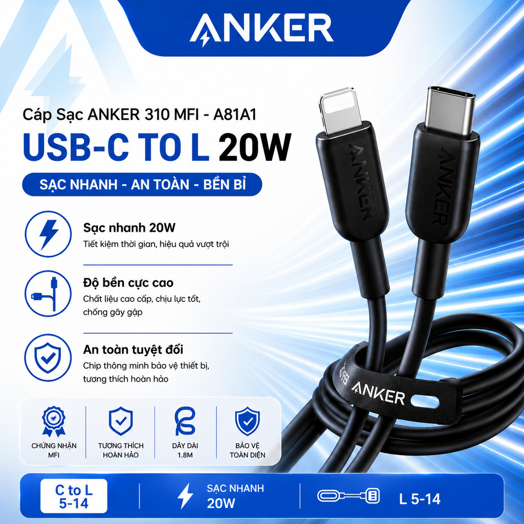 Cáp sạc nhanh Anker 310 A81A1 0.9m /A81A2 A81B5 A81B6 1.8m sạc nhanh cho 8 x xs xs max 11 12 13 14 P