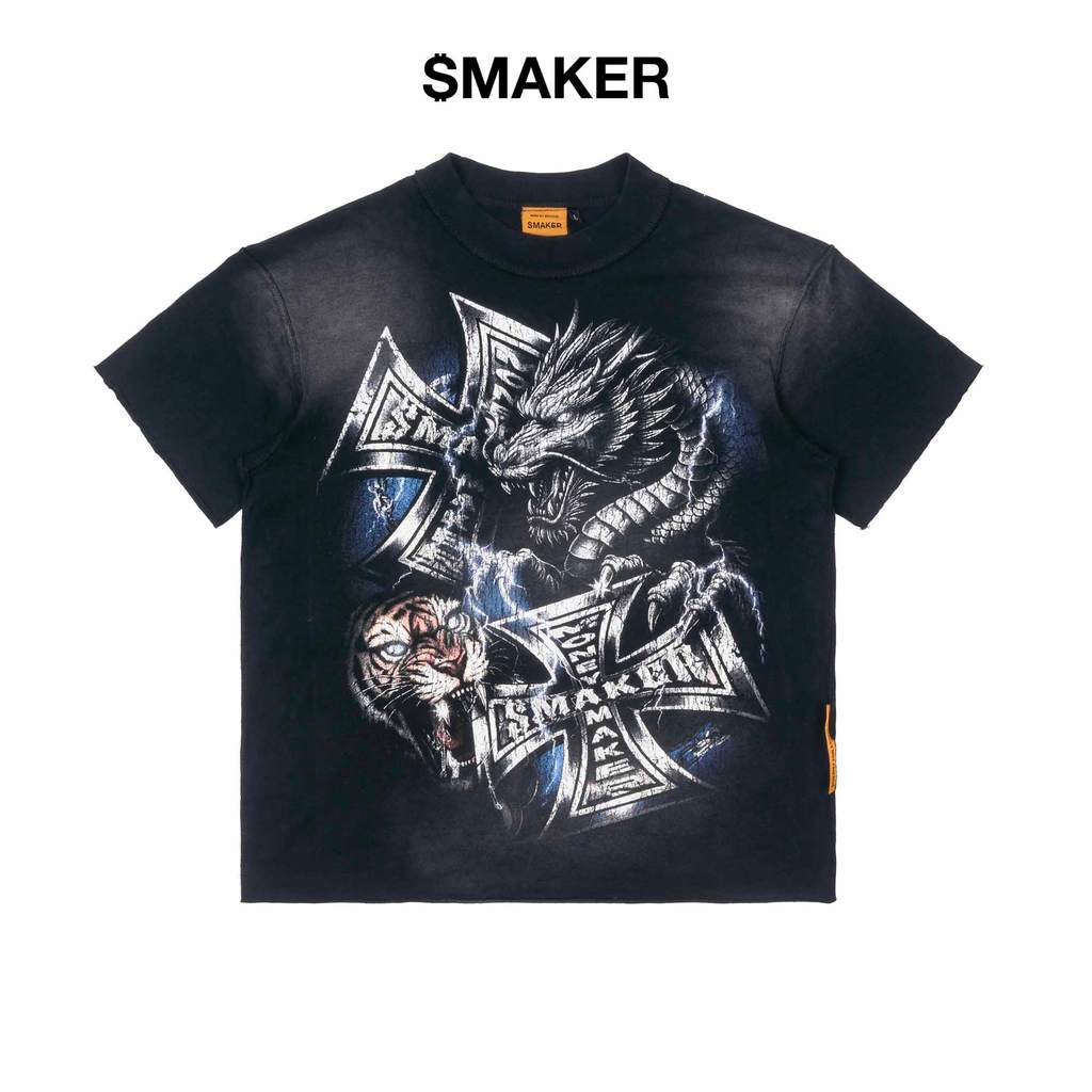[SMAKER] Áo thun in hình 100% cotton màu đen - DRAGON TIGER WASHED TEE IN BLACK