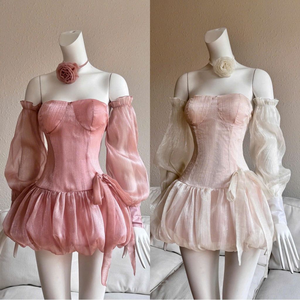 [B523]Đầm Tiểu Thư Pha Lê Xốp Dáng Ngắn Cúp Ngực Tay Phồng Xuyên Thấu Chất Liệu Organza Lụa Xinh Xắn