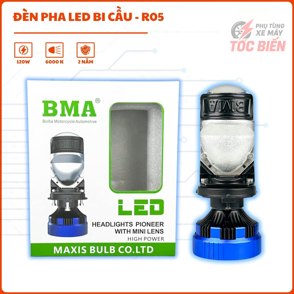 Đèn Pha LED Bi Cầu R05 BMA - 120W Ánh Sáng Siêu Mạnh Mẽ, Chân H4 Chuyên Lắp Oto, Xe Máy Điện Bình