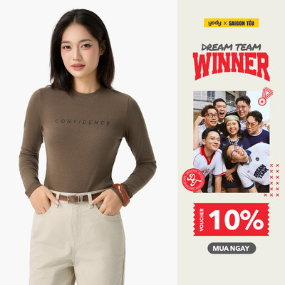 Áo thun giữ nhiệt nữ YODY cổ tròn in chữ CONFIDENT, vải mềm mịn slimfit tối giản WCLT25F023
