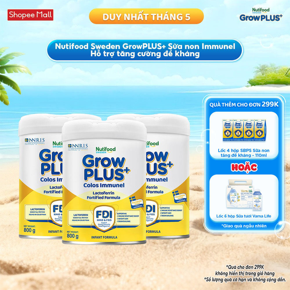 Combo 3 Sữa Bột Nutifood Sweden GrowPLUS+ Sữa Non Immunel lon 800 g (Bao bì tuỳ lô hàng)