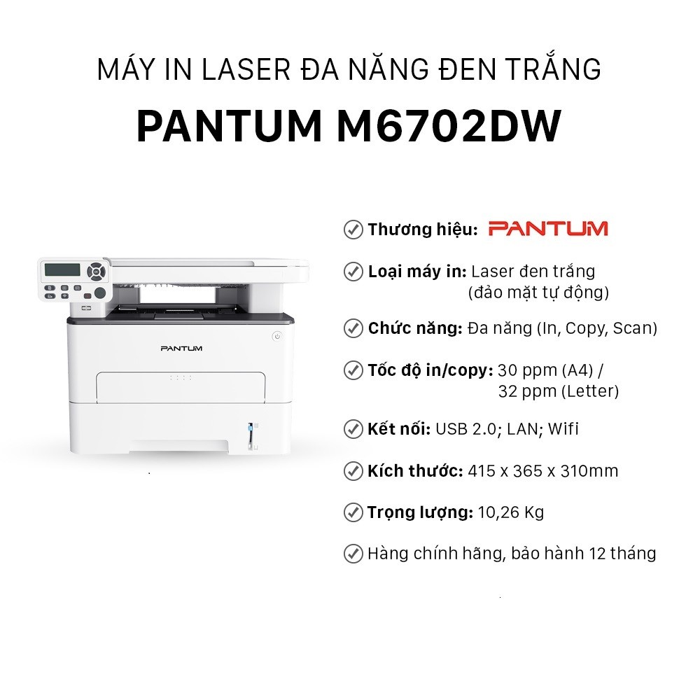 Máy in đa chức năng wifi Pantum M6702DW (in, copy, scan,duplex, wifi) - Hàng chính hãng