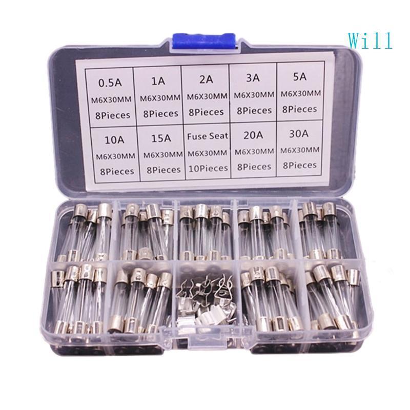 Will 9Values 72 chiếc 6x30mm Thay thế ống thủy tinh thổi nhanh 0 5A 1 2A 3A 5A 10A 15A 20A 30A Cầu c