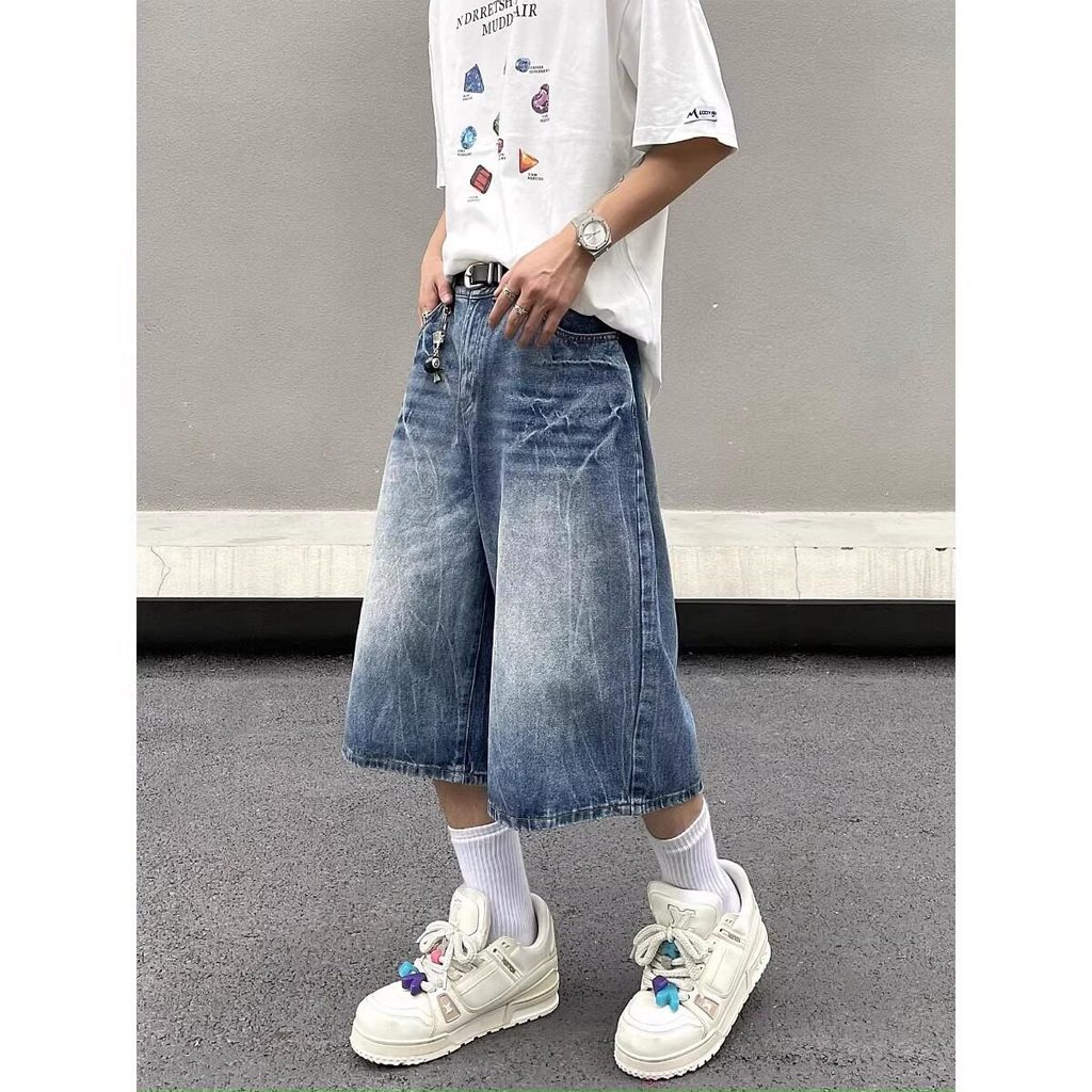 Mỹ High Street Washed Lightning Họa Tiết Quần Jean Quần Short Nam Mùa Hè Puffian Đẹp Trai hiphop Thẳ