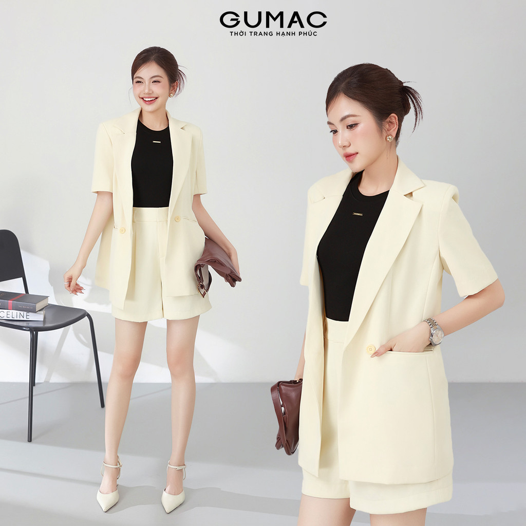 Set lẻ Áo khoác nữ GUMAC vest nút gỗ  OWF03028 - Quần short nữ GUMACs chiết ly  SHF03037