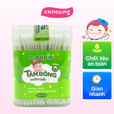 Tăm bông thân giấy trẻ em Dr. Papie (200 que, 1 đầu xoắn, 1 đầu dẹt)
