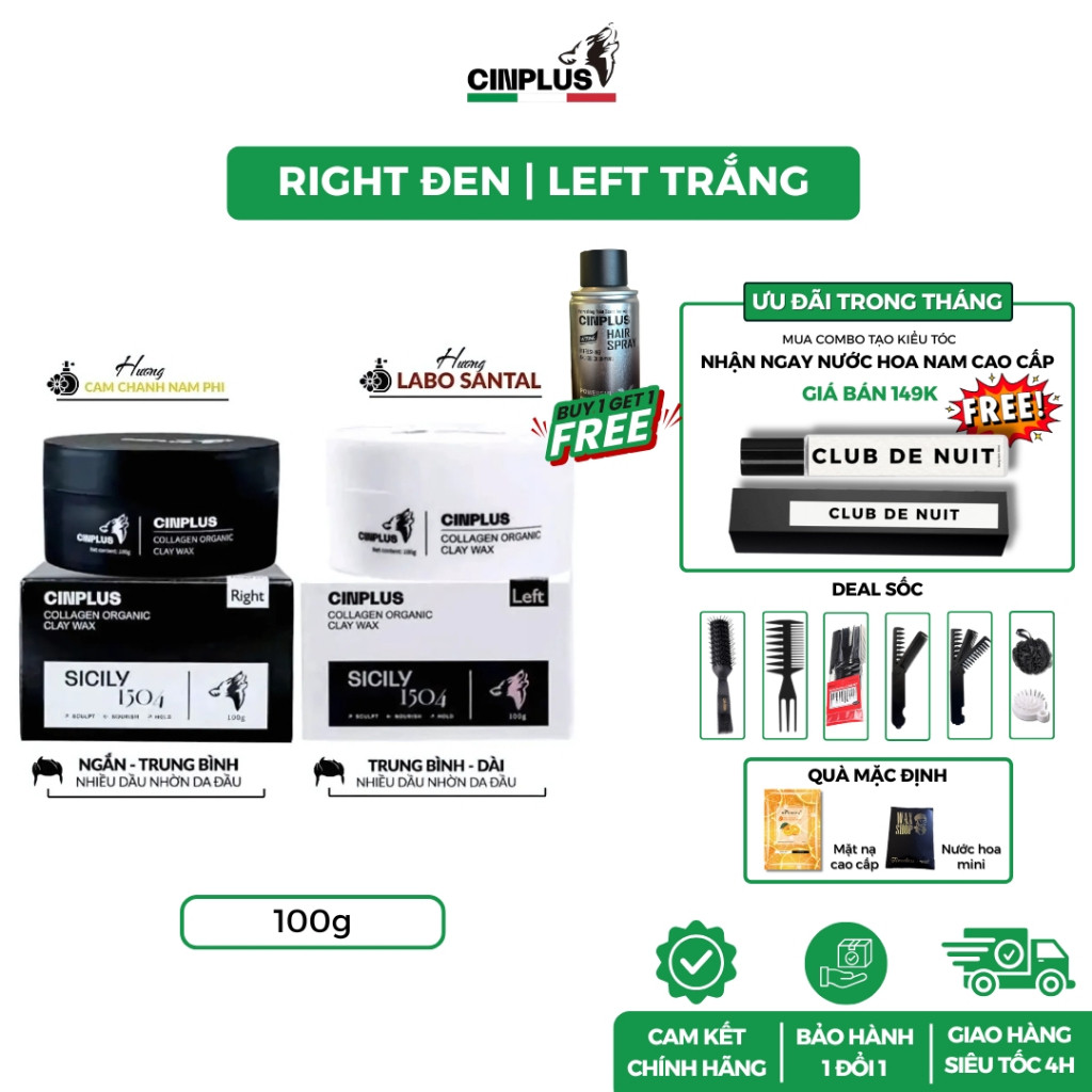 [HÀ NỘI] Sáp vuốt tóc nam CINPLUS Clay Wax 100gr Left Trắng , Right Đen giữ nếp tóc - Cinplus