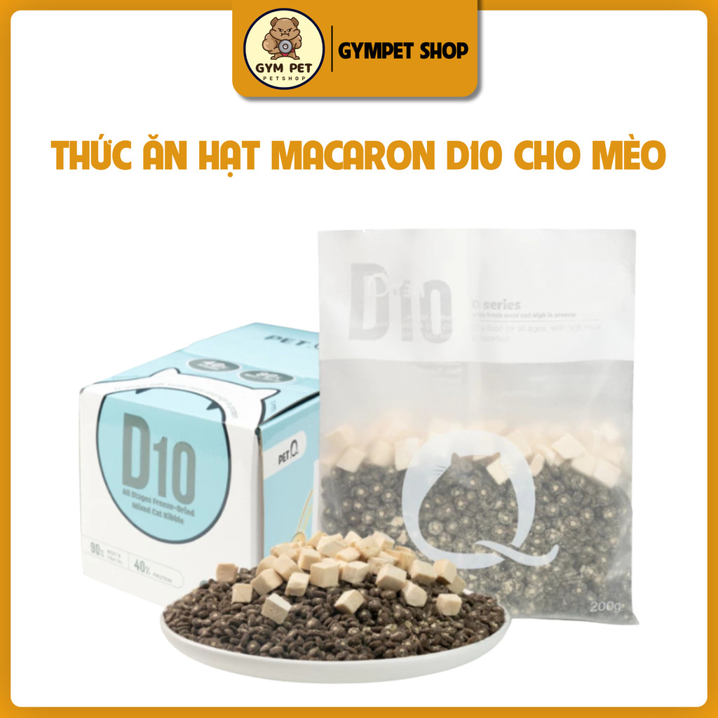 Thức ăn hạt cho mèo PetQ, Hạt macaron D10 PetQ 40% protein 90% thịt & dầu cá Chất xơ Không muối - Gy