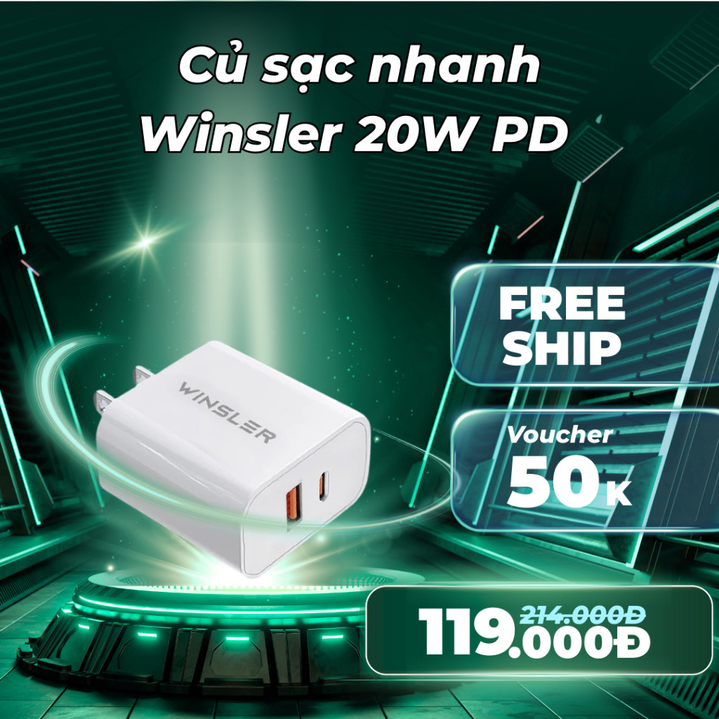 Củ Sạc Nhanh Winsler 20W PD 1C1A Siêu Nhỏ Gọn - Tương Thích Đa Thiết Bị