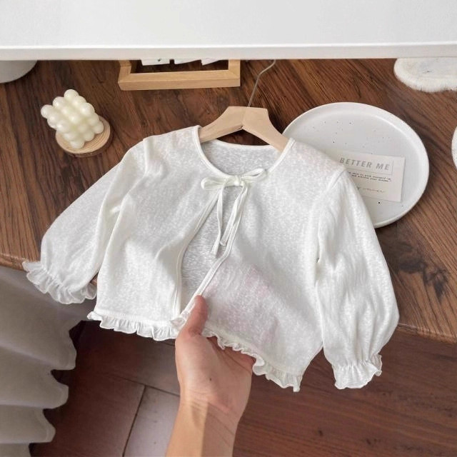 Áo Cardigan Bolero xù màu trắng cho bé có dây buộc nơ 0514