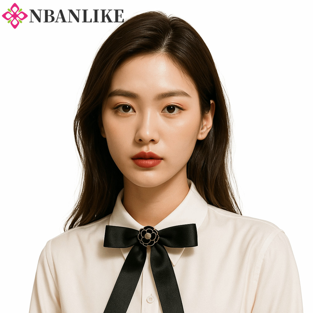 NBANLIKE Đen Ruy Băng Pin, Trắng Nơ Màu Đen Trâm Cài, Ngọt Ngào Camellia Cổ Kết Cấu Ve Áo Pin Tang L