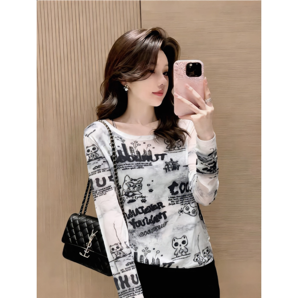 Niche Fun Cat Graffiti Áo thun dài tay dành cho nữ Mùa hè Phong cách mới Tie-Dye Slim-Fit Slim-Fit S