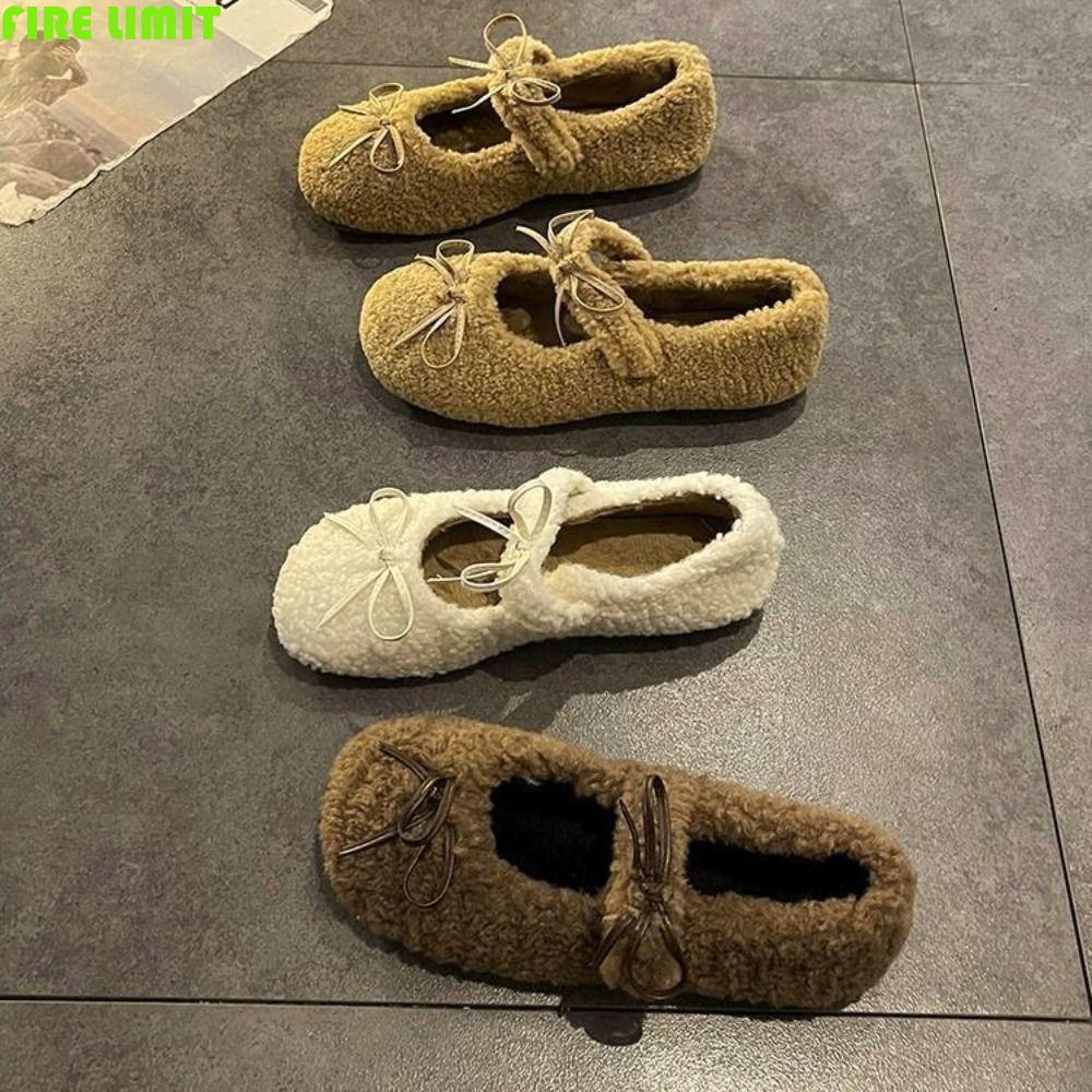 FIRE LIMIT Bowknot Flat Shoes, Bowknot Ballet Style Fleece Flats Nữ, Sweet Dày Dạo Phố Chống Trơn Tr
