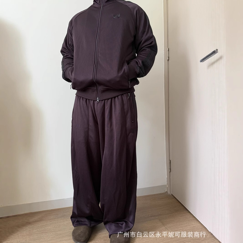 OMLZ Needles Poly Smooth TrackSuit Dark Purple Pants Loose Jacket Sports Suit