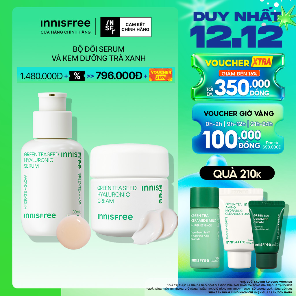 Bộ Tinh chất dưỡng ẩm Trà Xanh Green Tea Seed Serum 80mL và Kem dưỡng ẩm trà xanh INNISFREE Green Tea Seed Cream 50ml