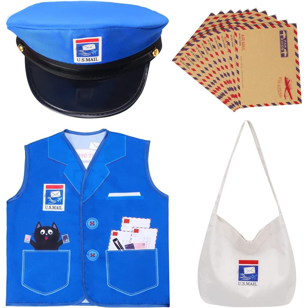 Trang phục Mailman trẻ em Mũ vận chuyển thư Mr. Bưu Thiếp Túi Vải Vest Phong Bì Cho Halloween Ngày S