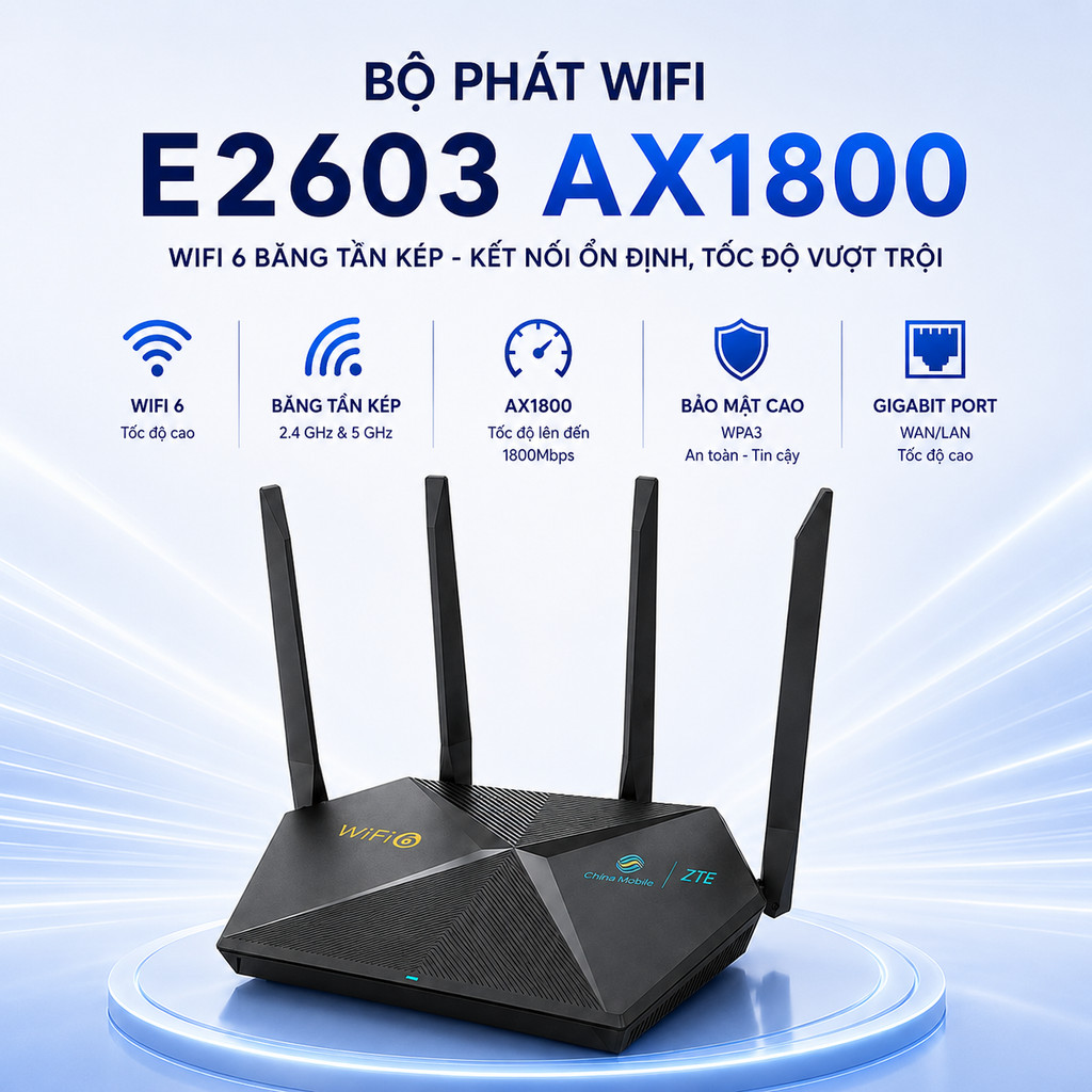 Bộ Phát WiFi 6 China Mobile  E1600 E2615 / E2603 WIFI 6 AX1800  RG MA2862  Dr5264 ax1800 Hàng Cũ - 2 Băng tần Tốc độ cao