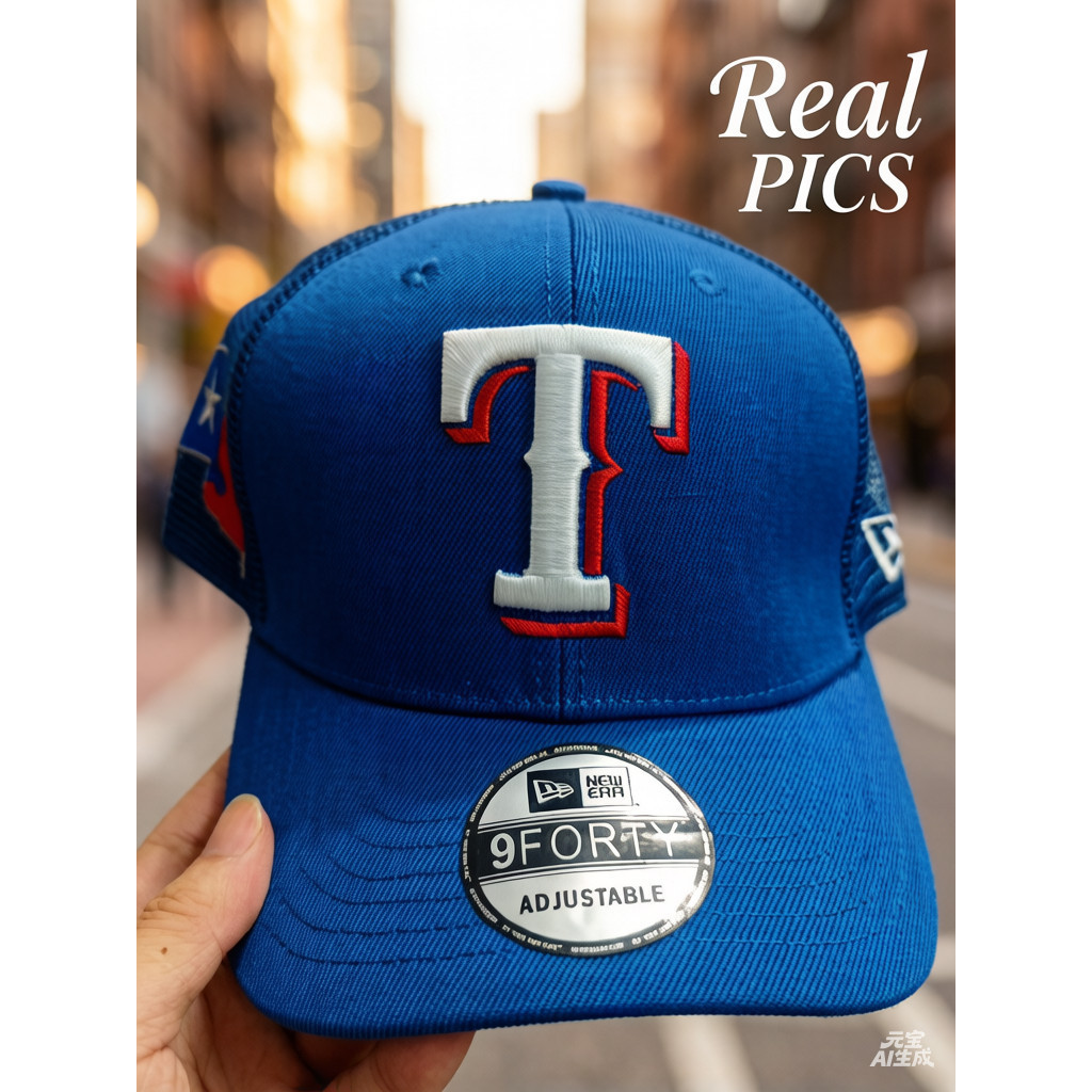 BLUE-Texas Ranger New Era 9Forty Trucker Hat Snapback Cap, viền có thể điều chỉnh, thêu đen đỏ.