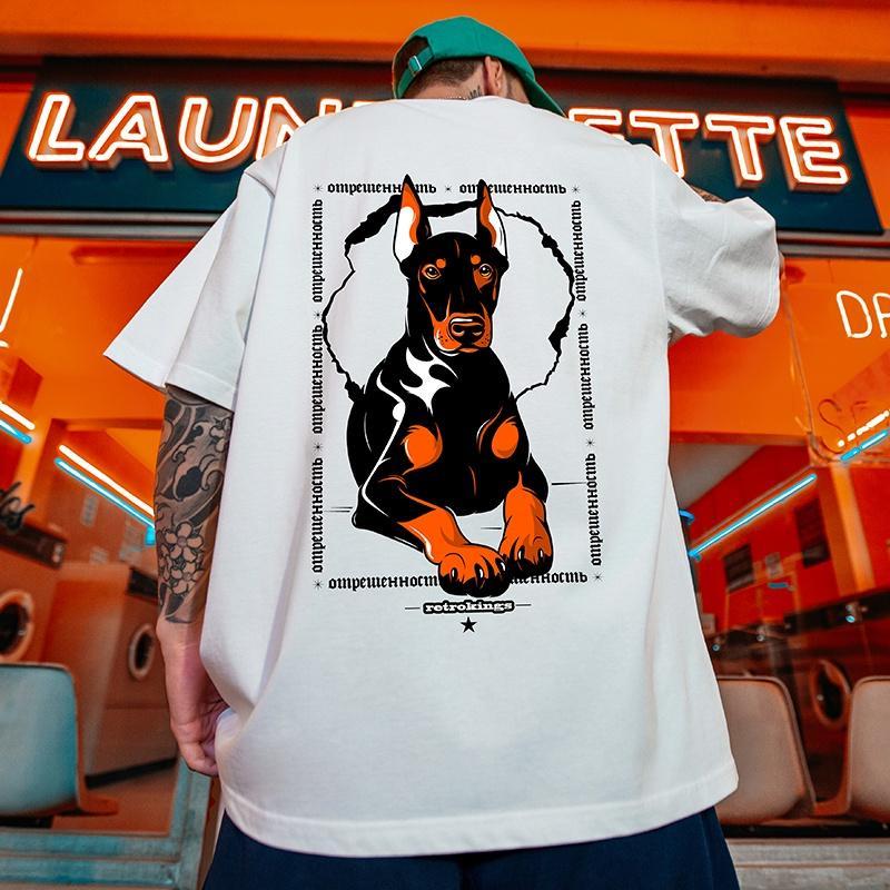 Doberman Chó Với Chữ Cyrillic Graphic Áo Thun Trắng Nam Dạo Phố Thường Ngày Top Plus Size