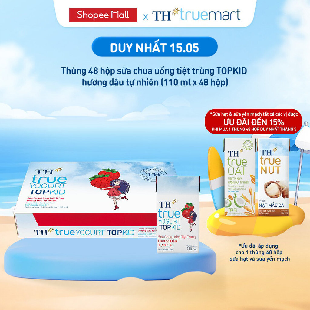 [Livestream] Thùng Sữa Chua Uống Tiệt Trùng TH true YOGURT TOPKID milk Hương Dâu 110ml (48 Hộp)
