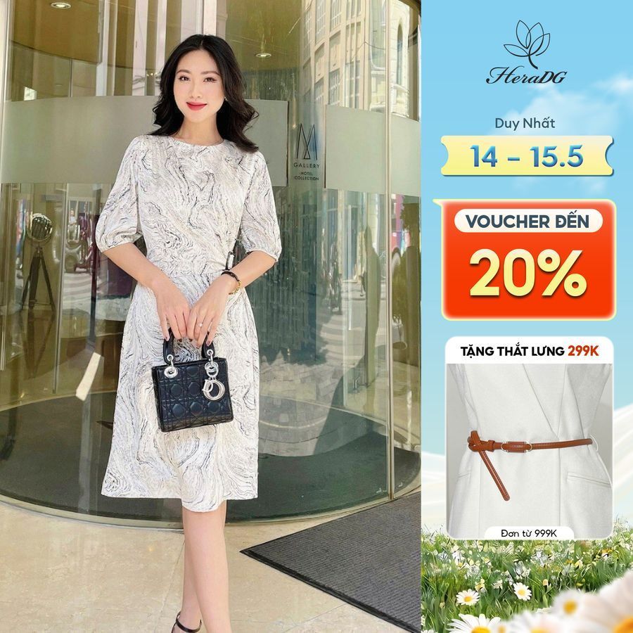 Đầm Nữ Chữ A Họa Tiết HeraDG Dáng Xòe Thiết Kế Đai Eo 1 Bên HeraDG Chất Liệu Lụa Cao Cấp SDPBC3048