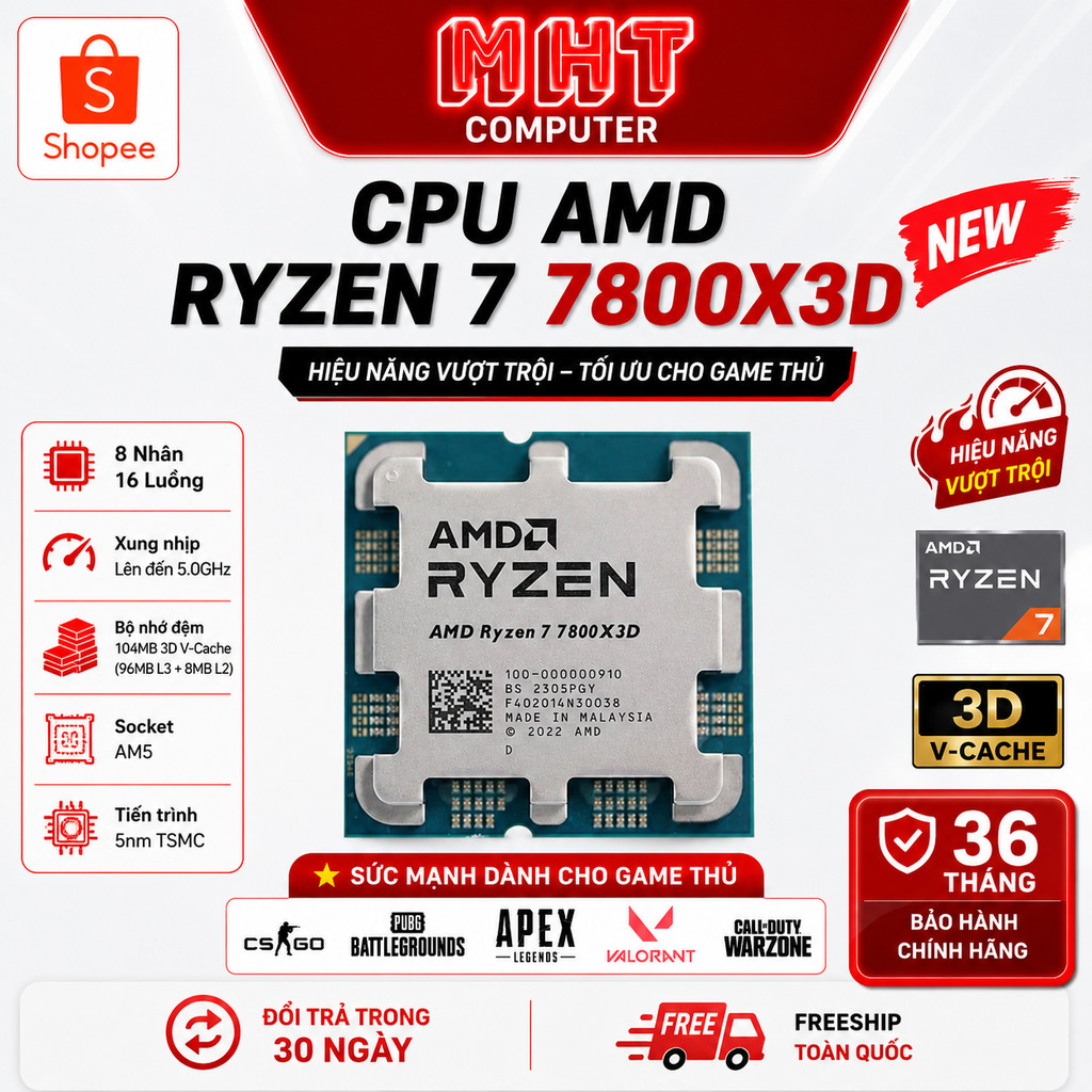 [Hàng sẵn giao]CPU Chip AMD RYZEN 7 7800X3D new tray - Bảo hành 3 Năm