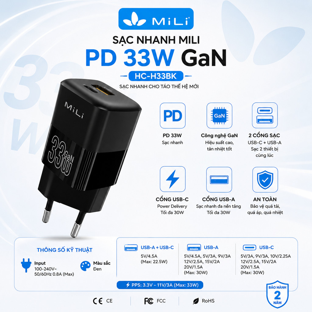 Cốc sạc nhanh MiLi PD 33W GaN - HC-H33 màu đen - Chân cắm EU - Bảo hành 2 năm -  MiLi PD 33W GaN - H
