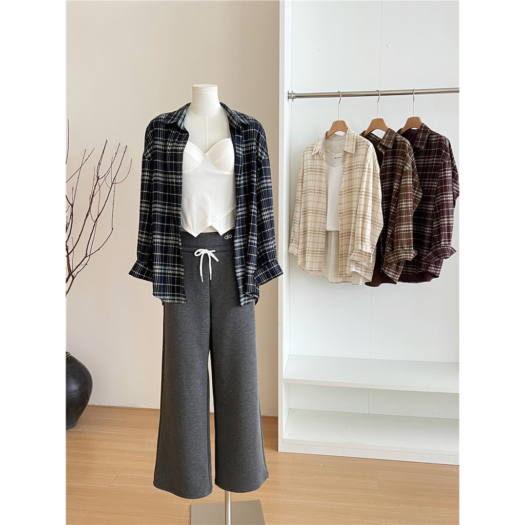 Áo sơ mi kẻ sọc xanh retro, phù hợp thời trang thu, top nhỏ Ichiba Tomo