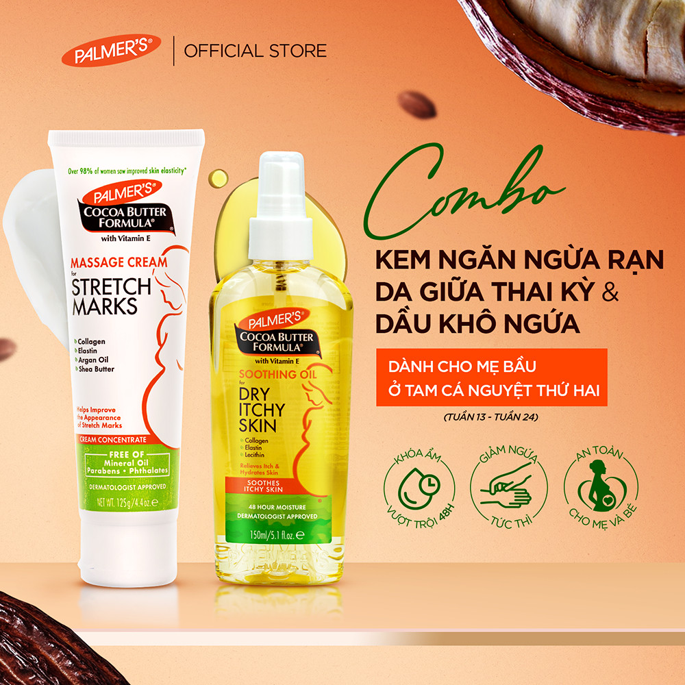 [Chính hãng] COMBO Ngừa rạn và Giảm khô ngứa giữa thai kỳ Palmer's (Kem ngừa rạn 125g và Dầu dưỡng giảm khô ngứa 150ml)