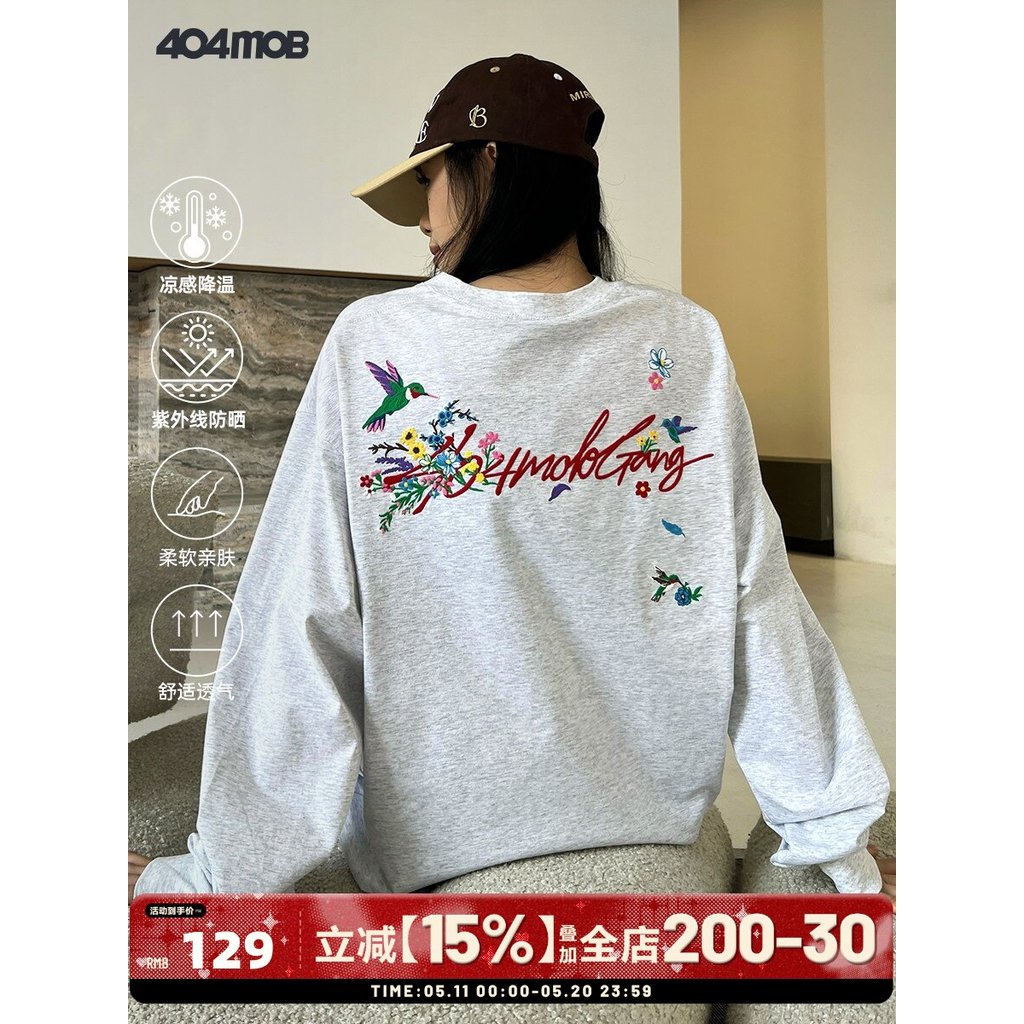 404MOB Chim Ruồi Hoa Công Nghiệp Nặng Thêu Dài Tay Áo Thun Nam Nữ Cùng Phong Cách Mỹ Dạo Phố Tròn Ne