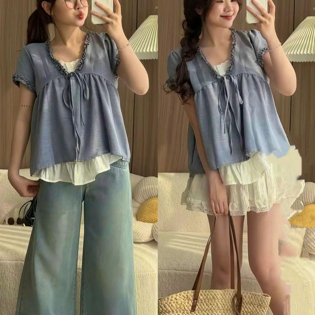 Áo form babydoll dễ thương chất đũi hàn tay ngắn cổ V phối ren bèo 2 lớp nhiều màu hot hit. HÀNG MỚI VỀ | BigBuy360 - bigbuy360.vn