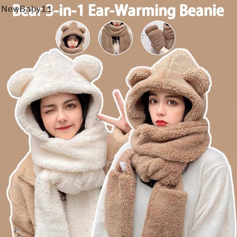 NY Mới Gấu Dễ Thương Mũ Tai Khăn Găng Tay Bộ Dày Nữ Beanies Mũ Mùa Đông Ấm Áp Chống Gió Mũ Bảo Vệ Ta
