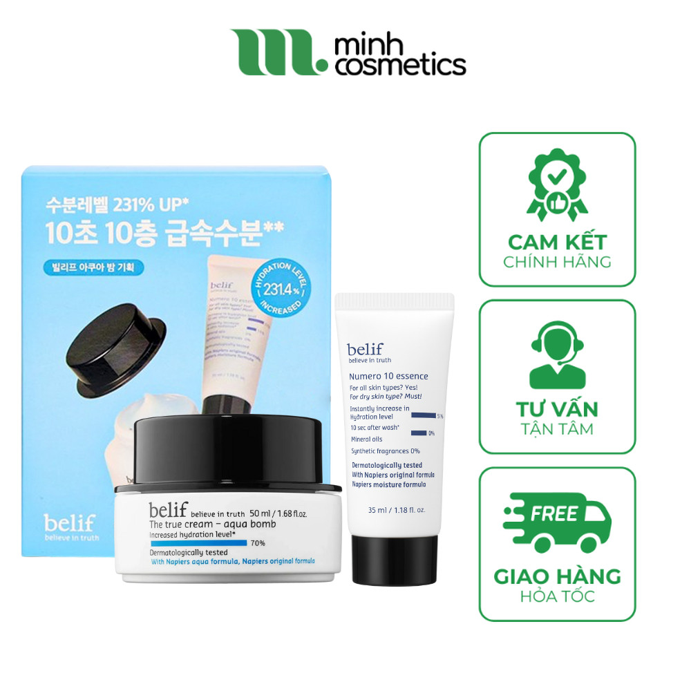 Set 2 Món Kem Dưỡng Belif The True Cream Aqua Bomb 30mL + Tinh Chất Belif Numero 10 Essence 35mL