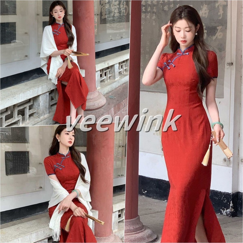 Veewink Áo Dài Đỏ Cách Tân Phong Cách Vintage Thiết Kế Dây Thắt Eo Tinh Tế, Tôn Dáng Thẳng Tắp & Oai