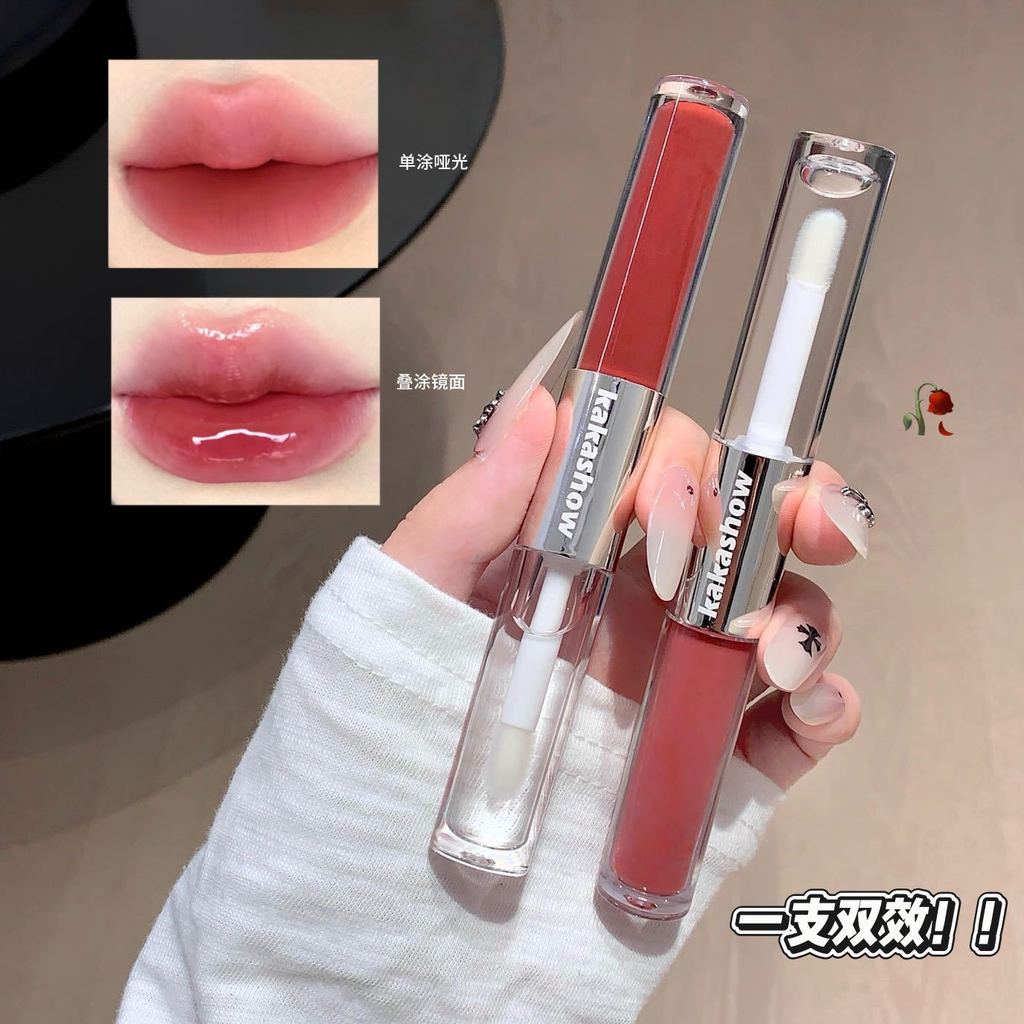 Kakashow 2 trong 1 Matte & Gloss Lip Tint Lychee Peach Rose Trà đen Guava Ballerina Son môi hai đầu 