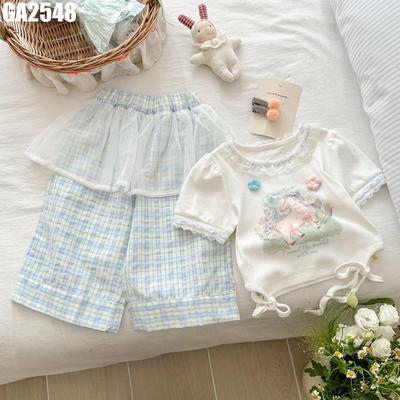 Set Quần Áo Bé Gái Thun Cộc Tay In Hình Cừu Quần Culottes Ống Rộng Caro Giả Váy MINTSCLOSET GA2548