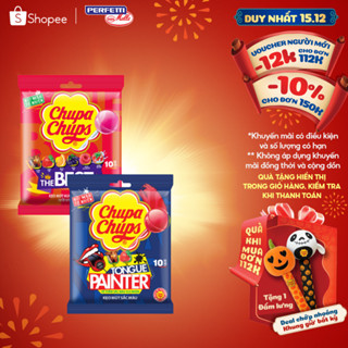  Kẹo mút Chupa Chups  Gói 10 que  Hương trái cây hỗn hợp và kẹo mút tô màu lưỡi hương Dâu và Cola 