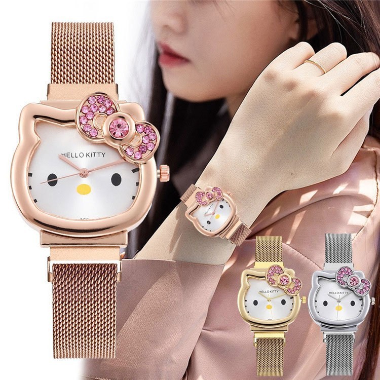 Đồng hồ đeo tay trẻ em bằng vàng bạc Phim hoạt hình học sinh KT Cat Girl Quartz Watch Magnet Watch10