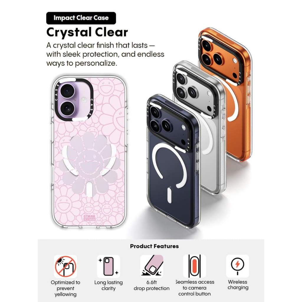 CASECASE X Flowers Pink Case Impact Clear Magnetic Hút Case cho iPhone 17 / 16 / 15 / 14 / 13 Pro Ma