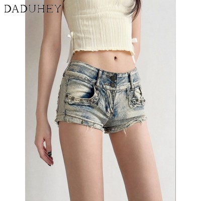 DaDuHey New American ins high street retro yellow mud denim shorts niche high waist A- line pants hot pants