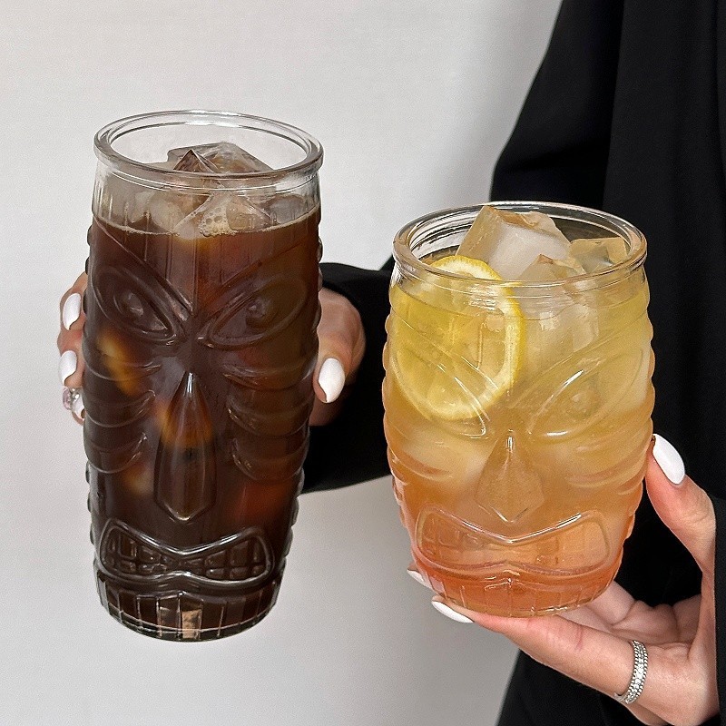 Ly thủy tinh dập nổi, ly tiki trong suốt, ly rượu tiki hình mặt quỷ, ly cocktail sáng tạo cá nhân hó