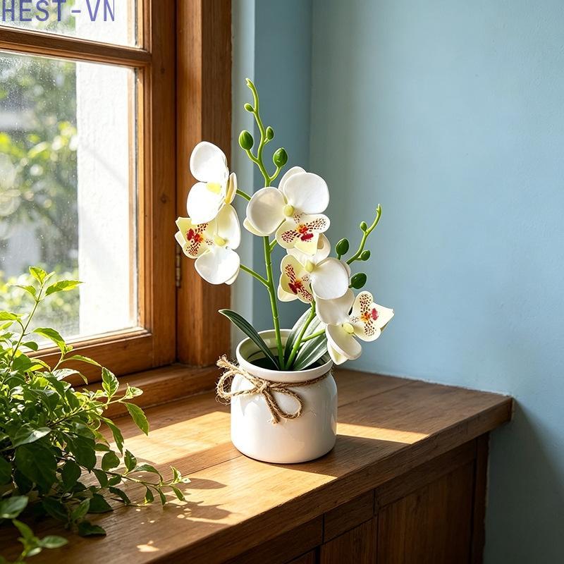 25cm Artificial Butterfly Orchid Potted Plant for Living Room Office Shelf Decor