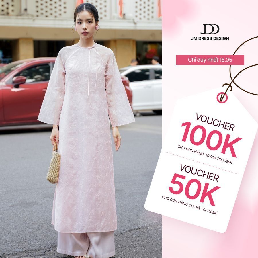Áo dài Thanh Chi - Áo dài cổ tròn suông đính nơ cổ 2M07.2410OG, áo dài truyền thống thiết kế bởi JM 