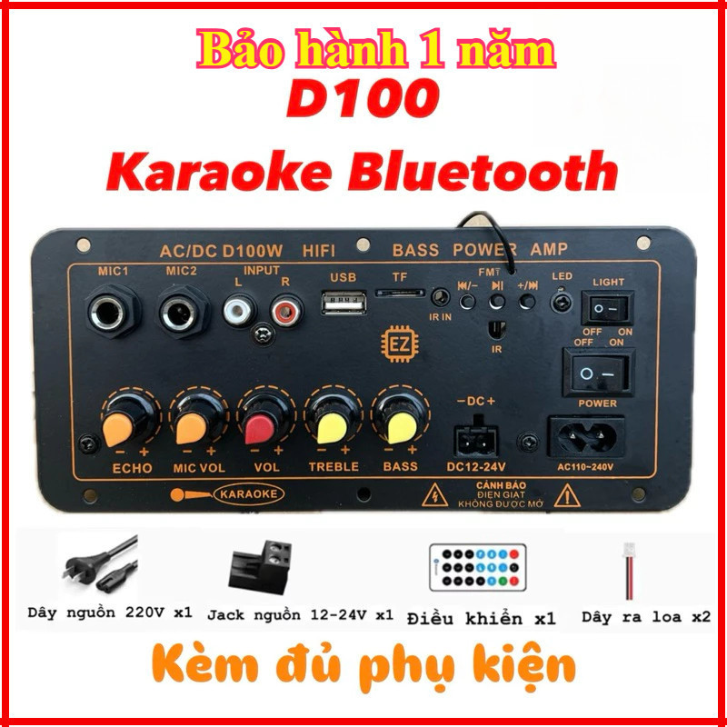 ✔Mạch loa D100 hát Karaoke Bluetooth 5.0 - 300W, có cổng cắm mạch mic không dây, 12V/24V/220V (Tặng 