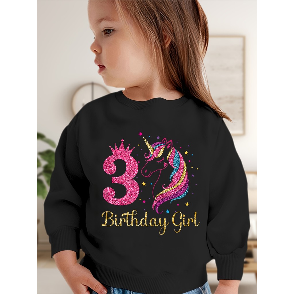 Áo nỉ dự tiệc sinh nhật lần thứ 3 của bé gái - Long lanh Crown Unicorn với số 3 & Văn bản sinh nhật 