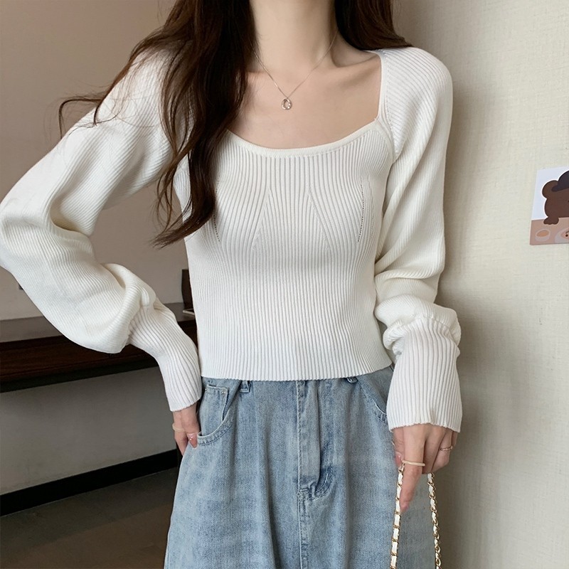 J136 Nữ Hiện Đại Cổ Vuông Tay Đèn Lồng Áo Sơ Mi Pháp Thiết Kế Eo Cao Giảm Béo Thích Hợp Để Mặc Trong