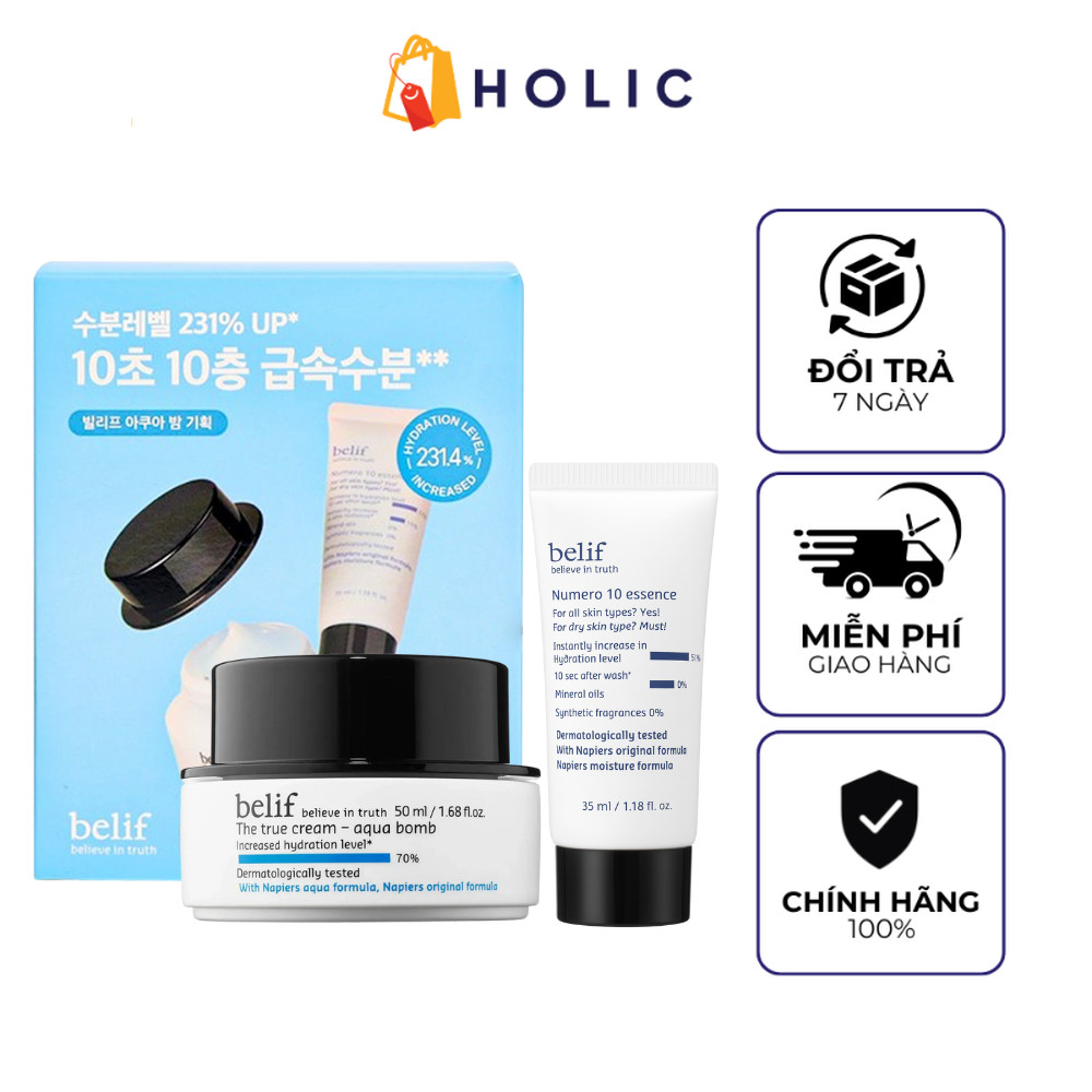 Set 2 Món Kem Dưỡng Belif The True Cream Aqua Bomb 30mL + Tinh Chất Belif Numero 10 Essence 35mL
