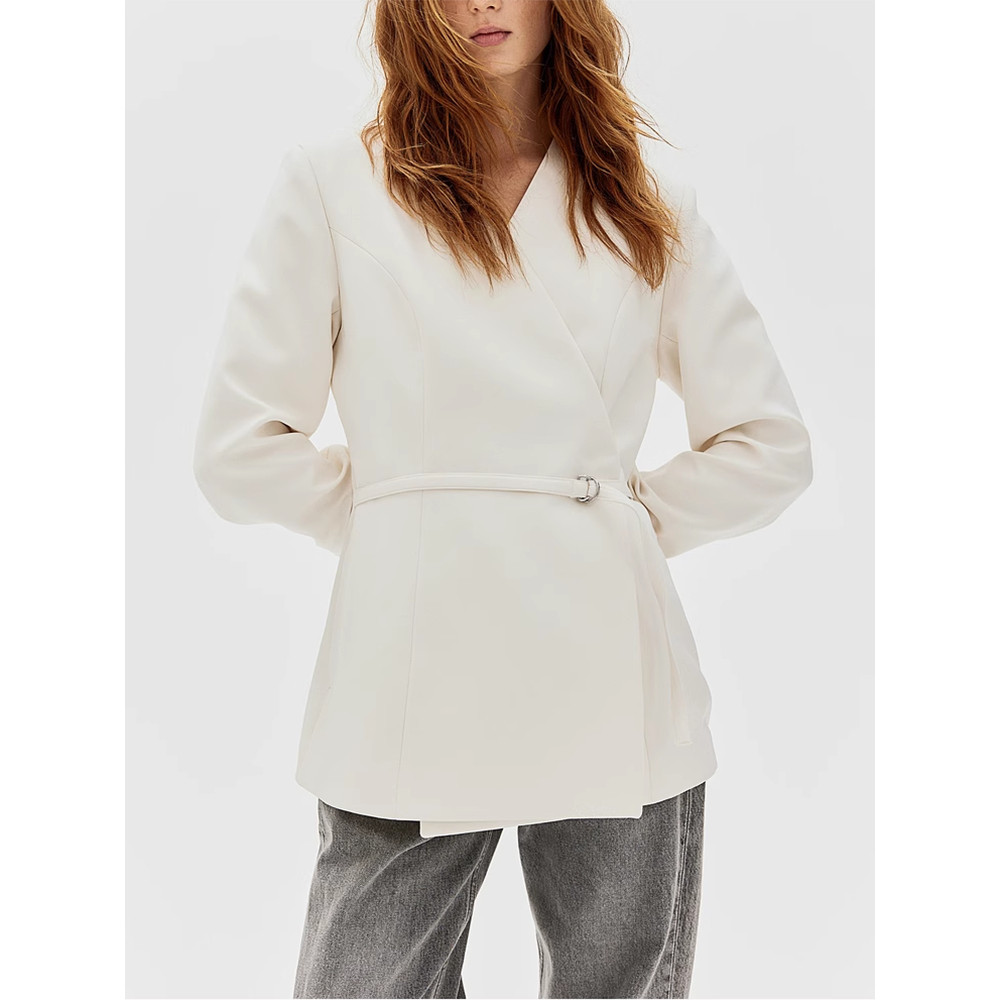 áo blazer Zara made in Morocco đắp vạt buộc eo trơn màu trắng đen nữ