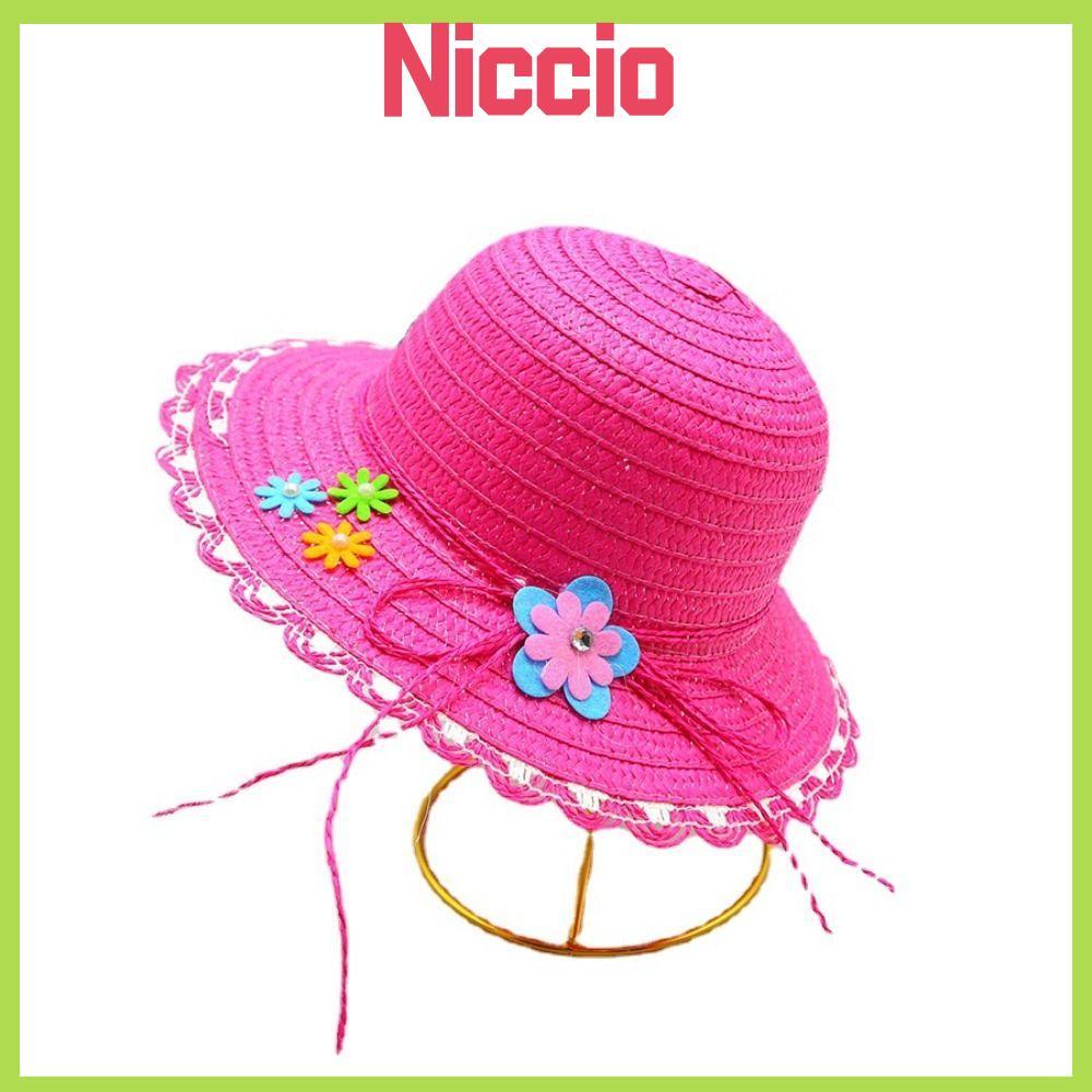 Mũ Rơm NICIO, Mũ Chống Nắng Trang Trí Hoa Handmade, Vành Rộng Ngọt Ngào Mũ Đi Biển 3-7Year